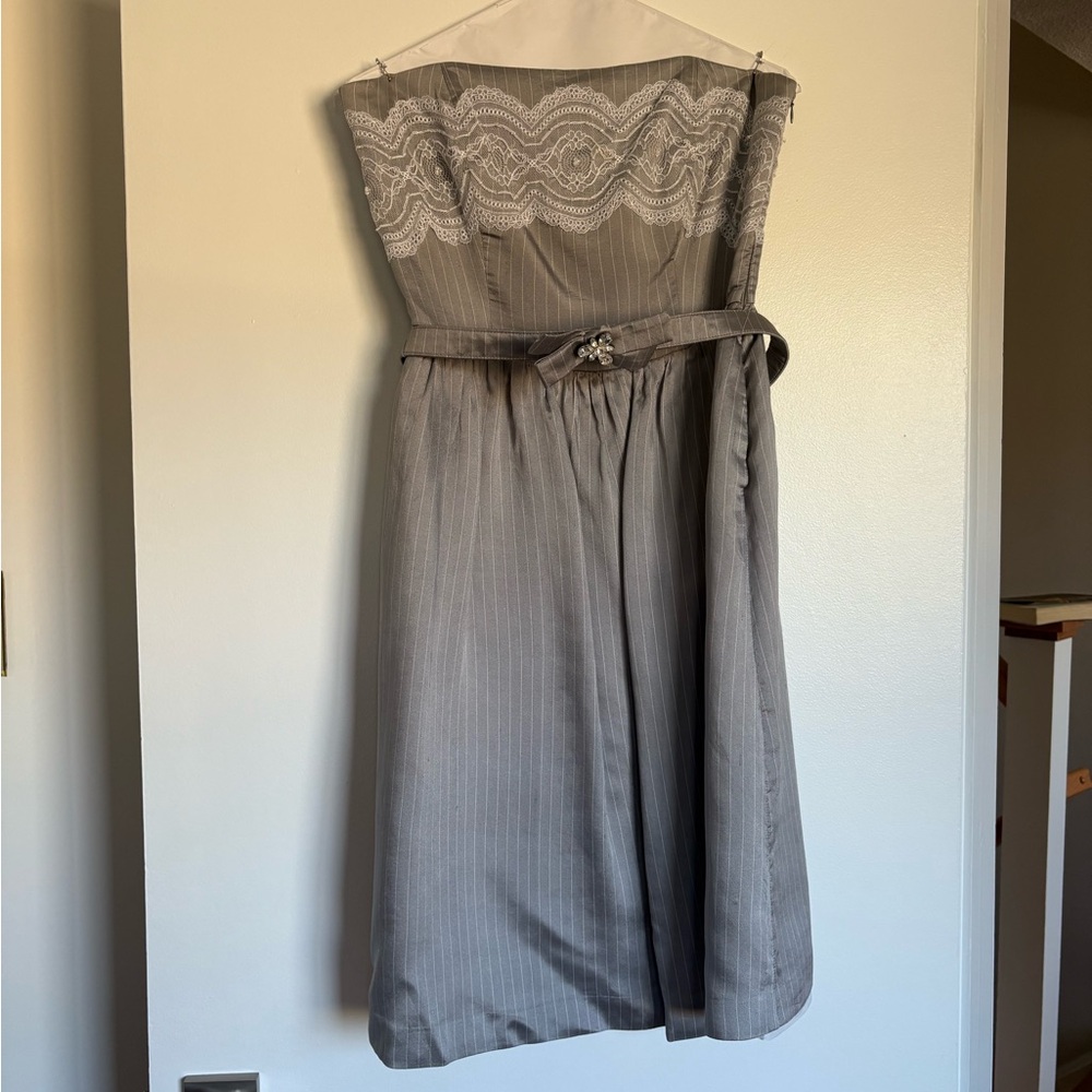 Sunny Choi Strapless Grey Pinstriped Dress Size 8
